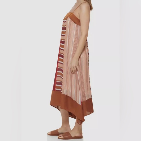DKNY sleeveless midi slip dress asymmetrical hem mixed stripe brown size SMALL - Picture 2 of 6